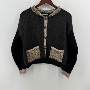 Ani Barrie Womens Chunky Knit Cardigan Sweater Black Charcoal Marled Pockets